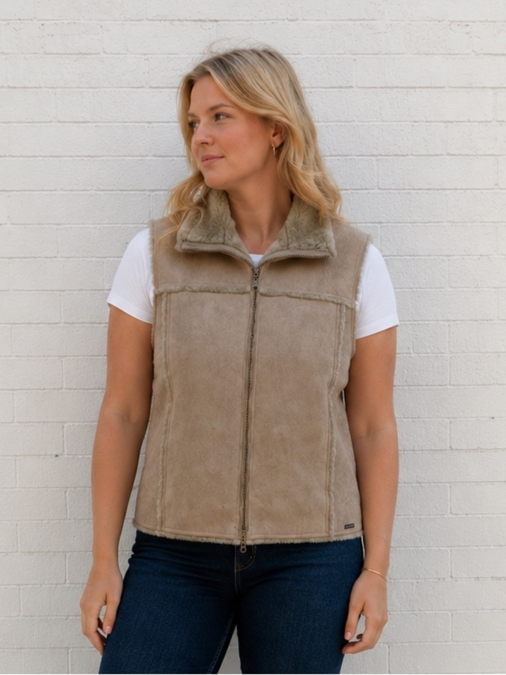 Vintage 90s Y2K Beige Faux Suede Faux Fur Lined Vest Pockets size Large Western